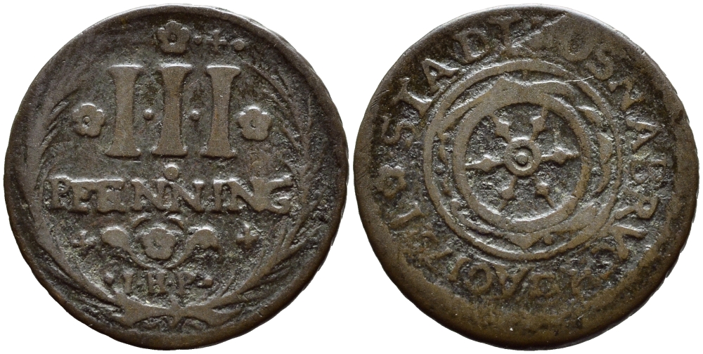 Оснабрюк 3 пфеннига 1721 IHP KM 9 медь 75-1657