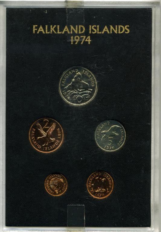 Фолклендские острова набор из 5 монет 1974 в оригинальной пластиковой упаковке, тираж 20000 экз. KM PS 1 PROOF 7-5-1-11