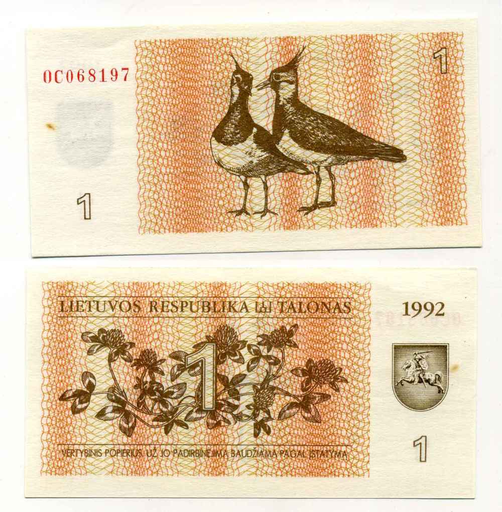ЛИТВА 1 ТАЛОН 1992 ПТИЧКИ ЧИБИСЫ Pick 39, Сергеев 31 бумага аUNC 8595-1-3-2