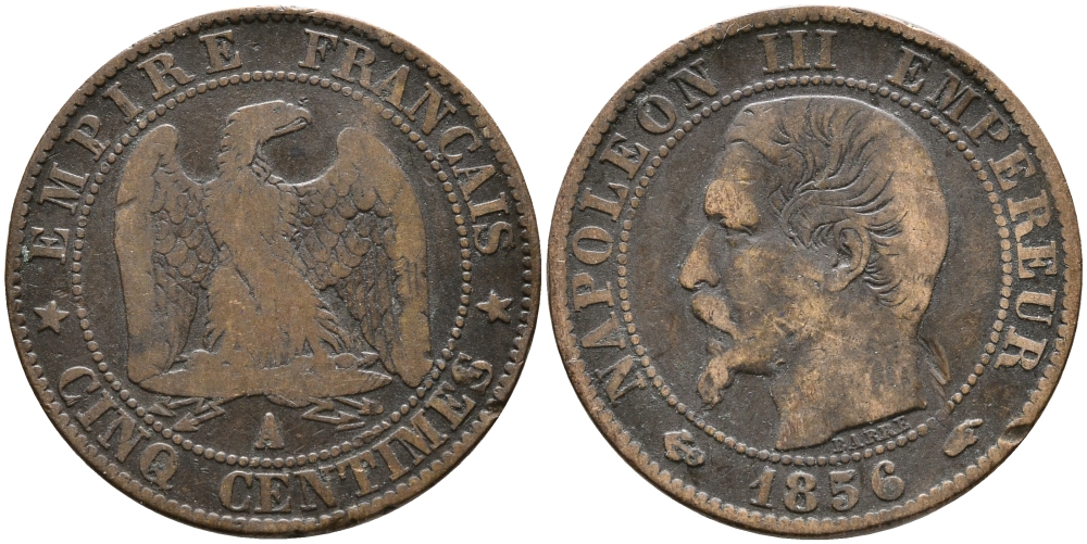 ФРАНЦИЯ 5 САНТИМОВ 1856 А, НАПОЛЕОН III (1852-1870) KM 777.1, LA FRANC 116.30 бронза 28-923