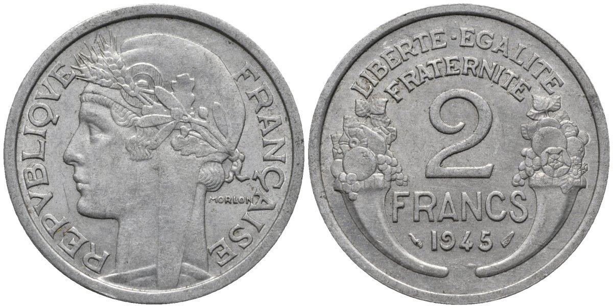 Франция 2 франка 1945 KM 886a алюминий 4577-732