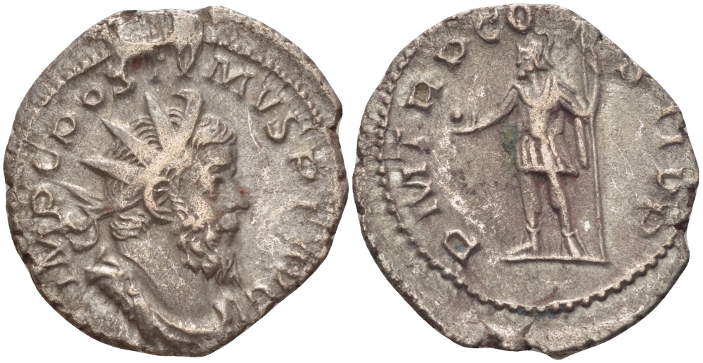 Римская Империя (императоры в Галлии) антониниан 261 Постум. IMP C POSTVMVS P F AVG / P M TR P COS II P P, император в военном доспехе, держит копье и сферу, Августа Треверов, Good Very fine RIC 54 биллон 1073-12-52