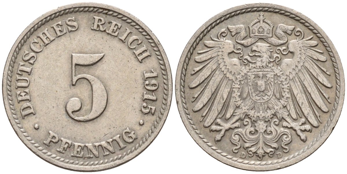 Германия 5 пфеннигов 1915 D KM 11, J. 12 медно-никель 4151-555