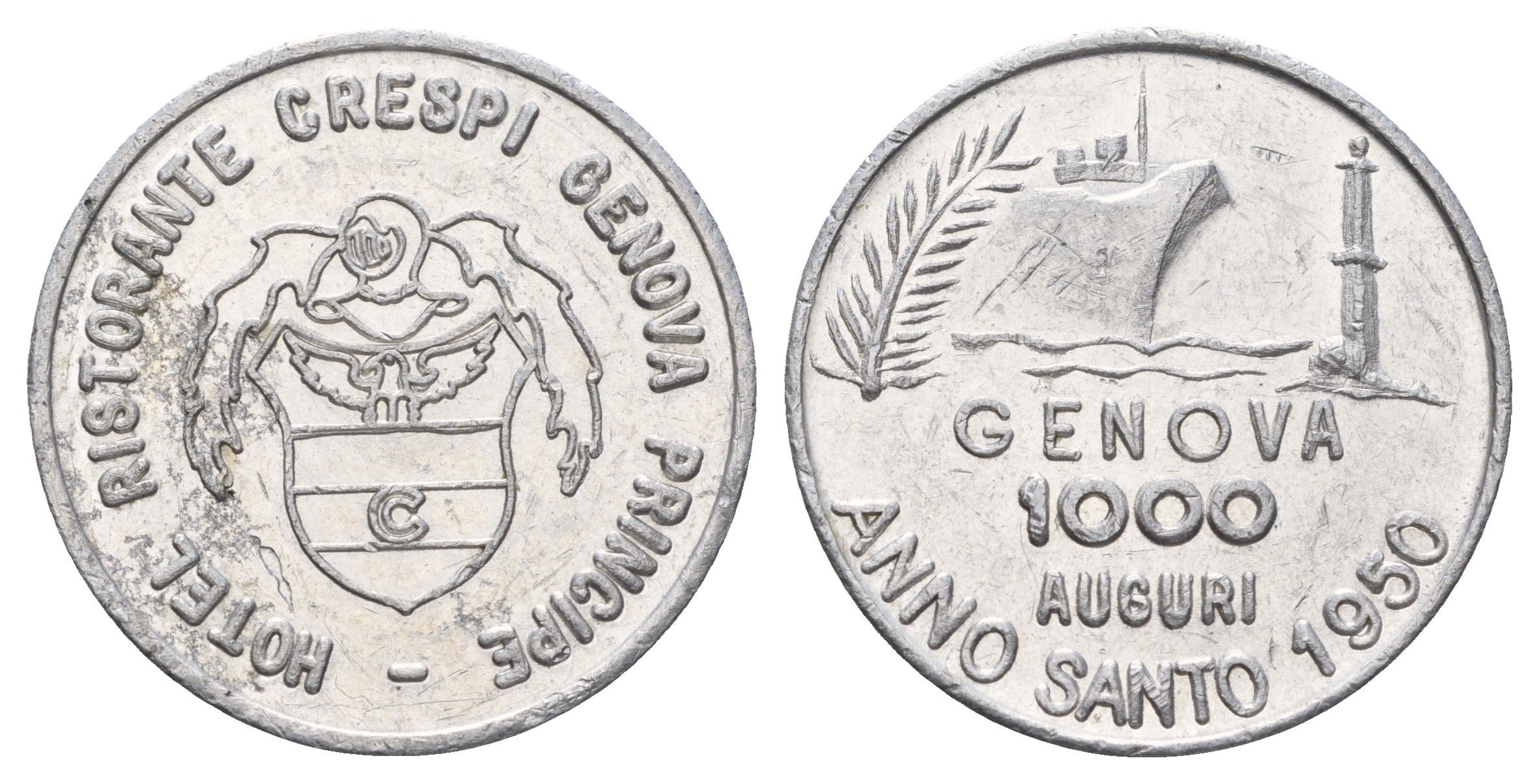 Италия, Генуя жетон - 1000 наилучших пожеланий в новом году 1950 диаметр 30 мм, вес 3,8 гр алюминий 4667-1041
