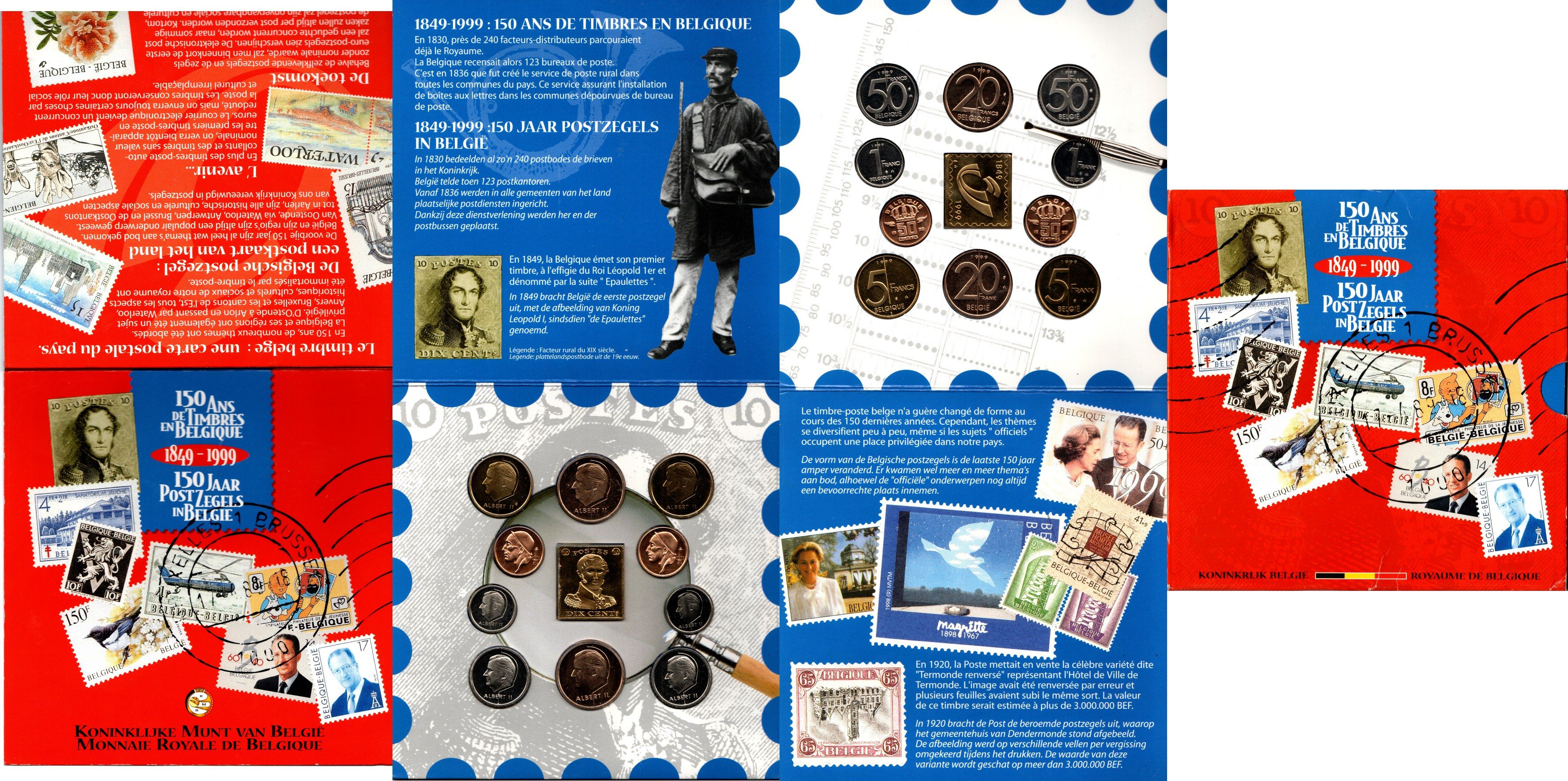 Бельгия годовой набор из 10 монет (50 сантмов; 1, 5, 20 и 50 франков) и жетон 1999 150 лет почте, в оригинальной упаковке KM MS12 (148.1, 149.1, 187, 188, 189, 190, 191, 192, 193 и 194) BU 1-5-3-16
