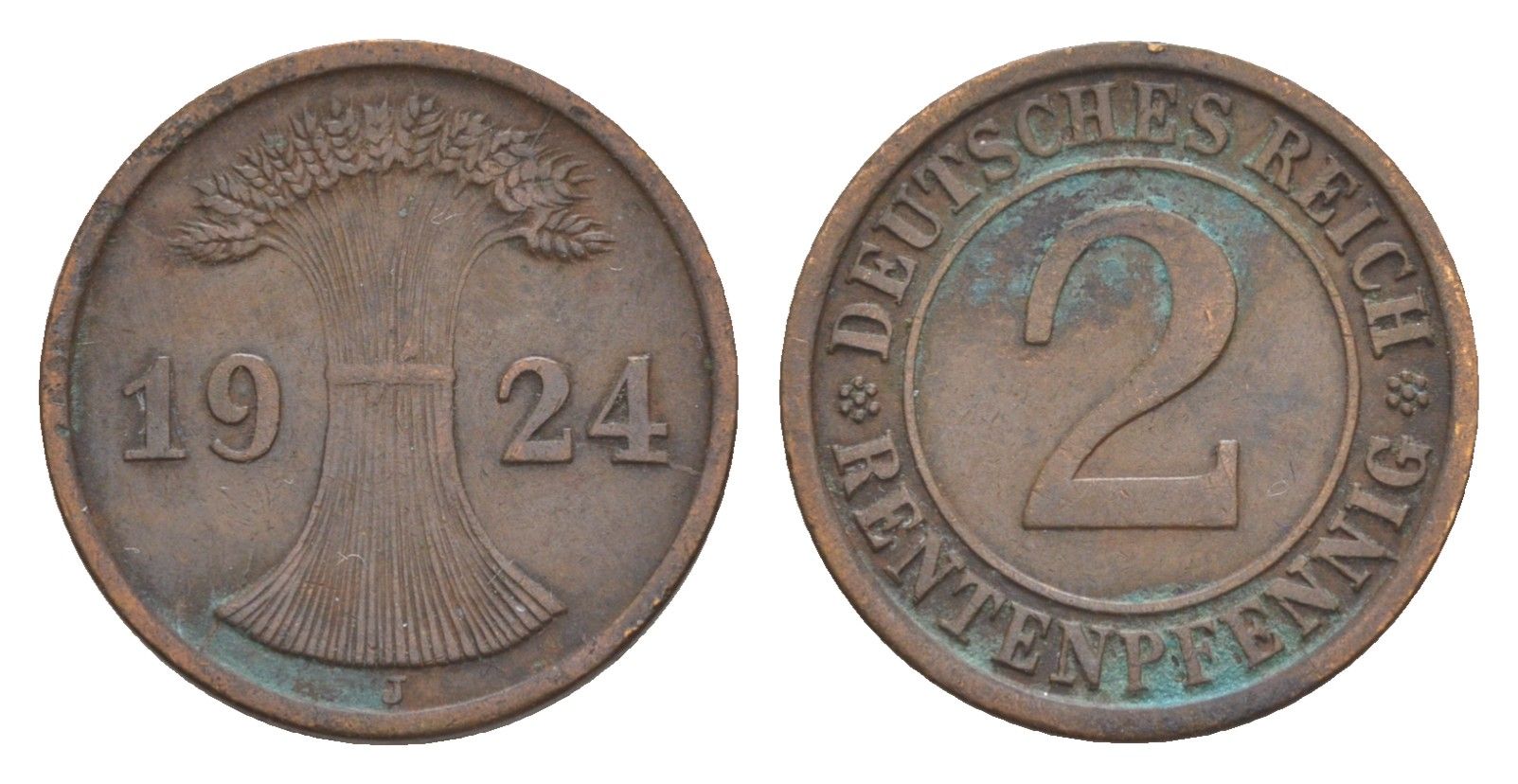Германия 2 рентенпфеннига 1924 J KM 31, J.307, Weege 3 медь 4639-1235