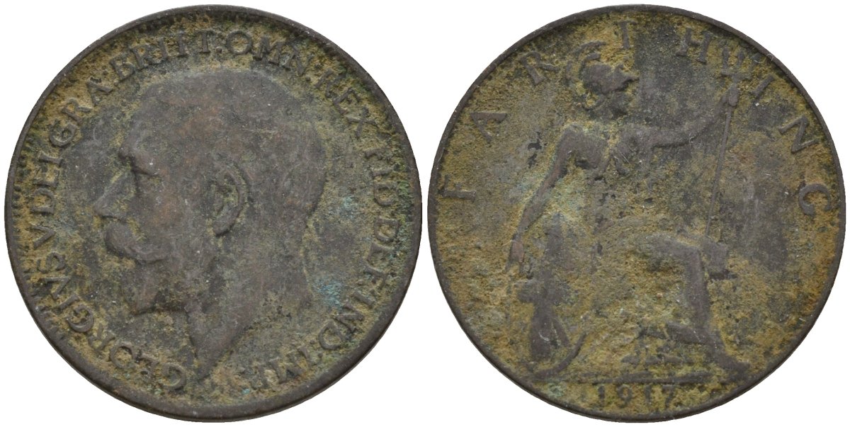 Великобритания 1 фартинг 1917 Георг V (1910-1936), темная отделка KM 808.1, Spink 4059 бронза 4596-945
