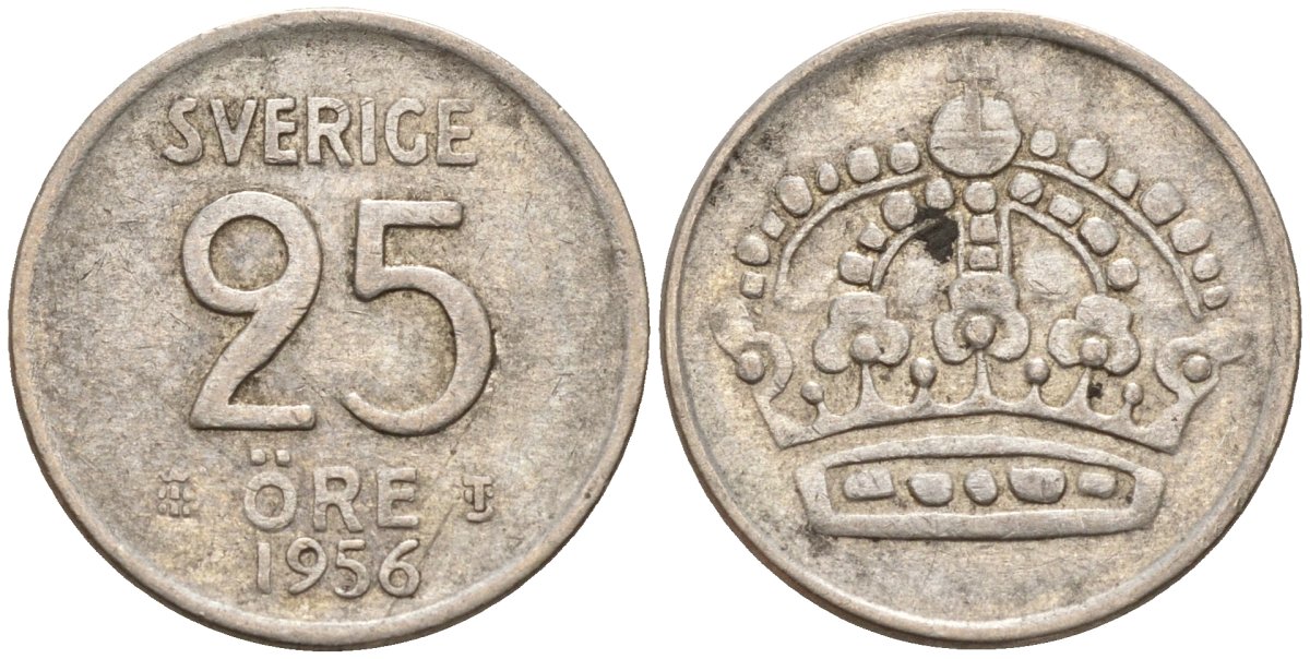 Швеция 25 эре 1956 TS, Густав VI Адольф (1950-1973) KM 824 серебро 4147-1048