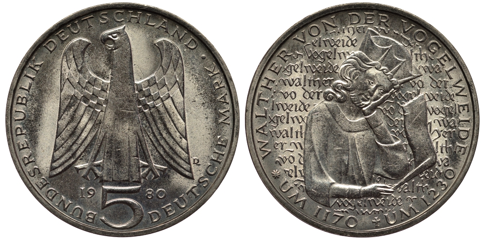 ФРГ 5 МАРОК 1980 D, 750 ЛЕТ СО ДНЯ СМЕРТИ ВАЛЬТЕРА фон дер ФОГЕЛЬВЕЙДЕ KM 152, J. 427 медно-никель плакированный никелем UNC 1520-1335