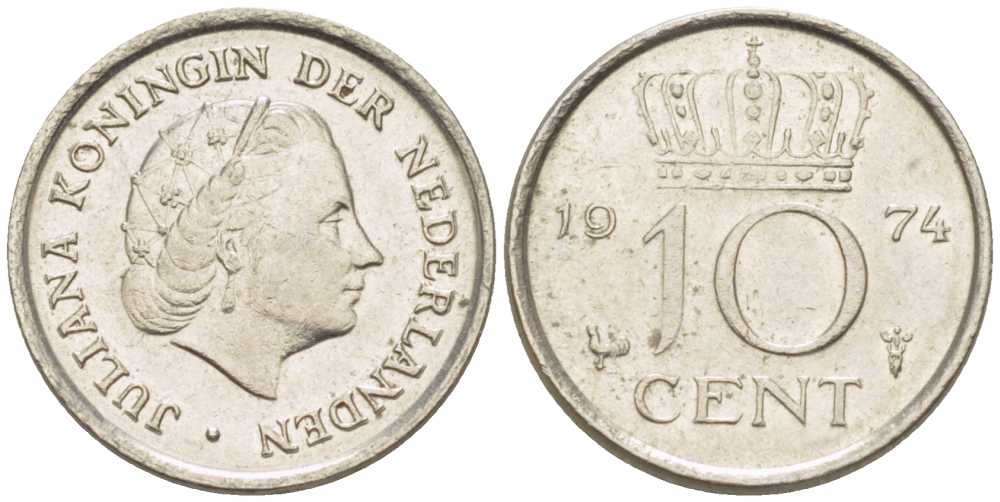 НИДЕРЛАНДЫ 10 ЦЕНТОВ 1974 ЮЛИАНА (1948-1980) KM 182 никель 116-615
