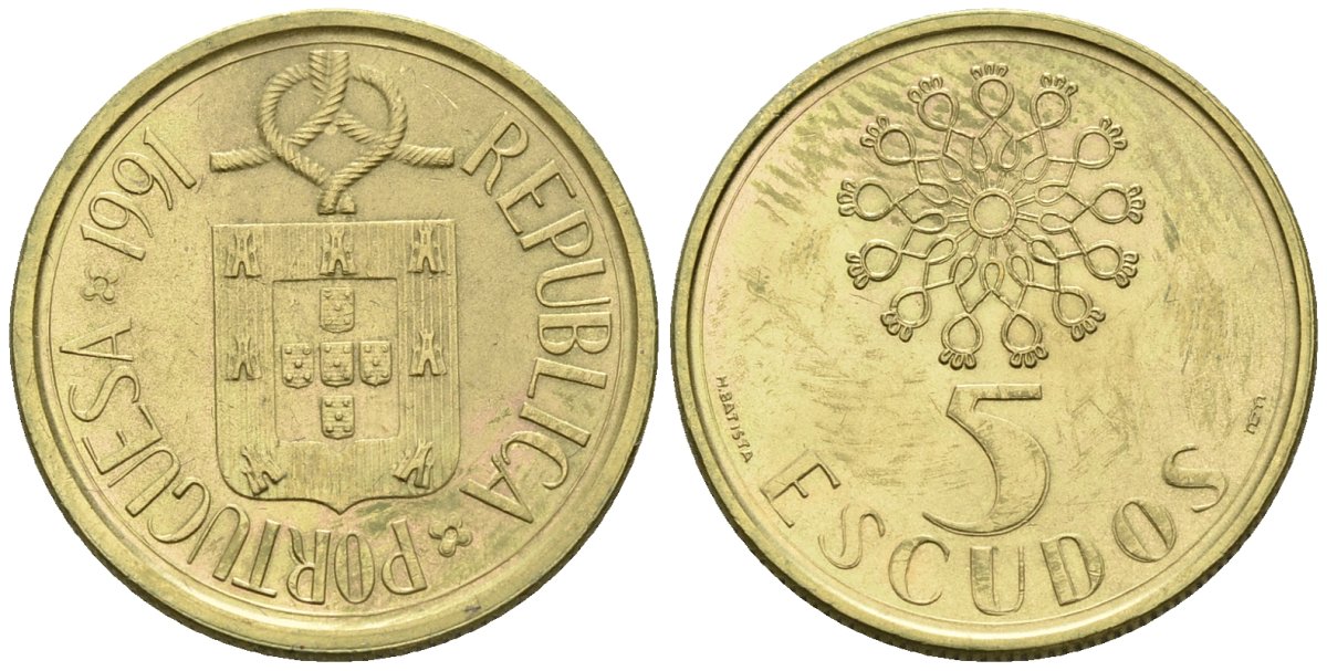 Португалия 5 эскудо 1991 KM 632 никель латунь 4148-455