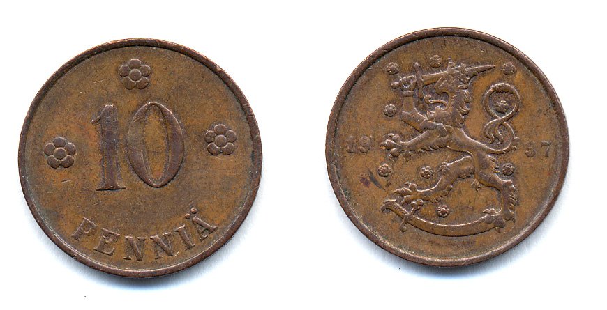 Финляндия 10 пенни 1937 KM 24 медь 51-5621