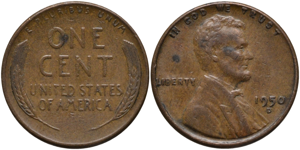 США 1 ЦЕНТ 1950 D, ЛИНКОЛЬН KM А132 медь цинк 29-1112