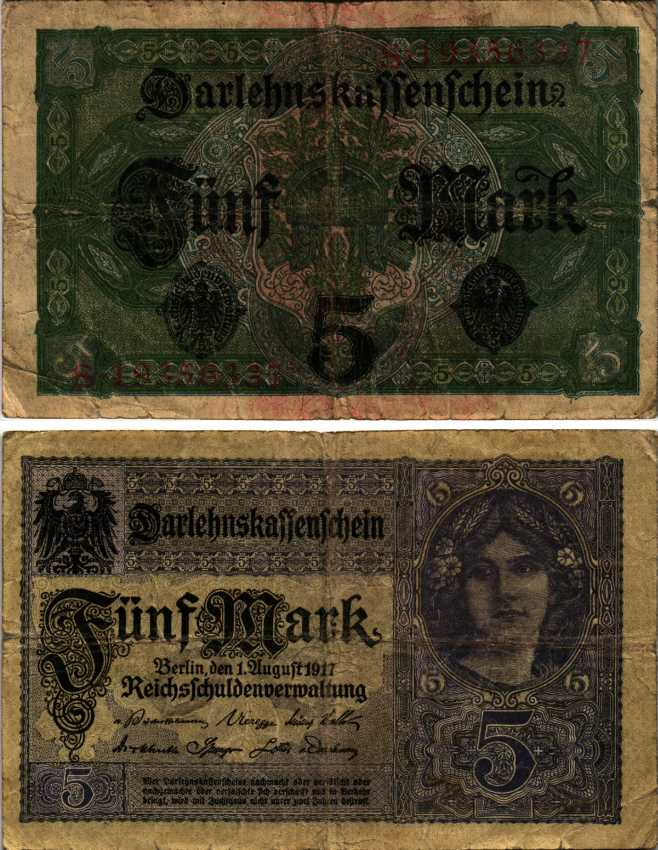 ГЕРМАНИЯ 5 МАРОК 1917 1 АВГУСТА 1917, ВОСЕМЬ ЦИФР В НОМЕРЕ Pick 56b бумага 7183-59-1-1