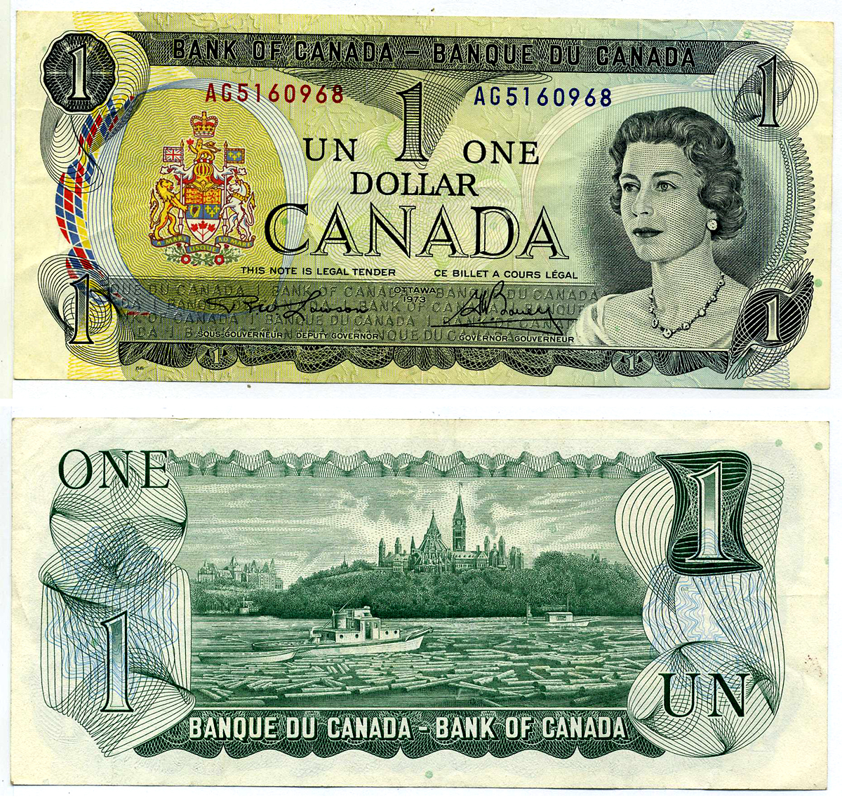 Канада 1 доллар 1973 Елизавета II (1952- ), здание парламента на реке Оттава, Lawson-Bouey, серии 2 буквы Pick 85 a (1)  бумага 2197-2-3-2