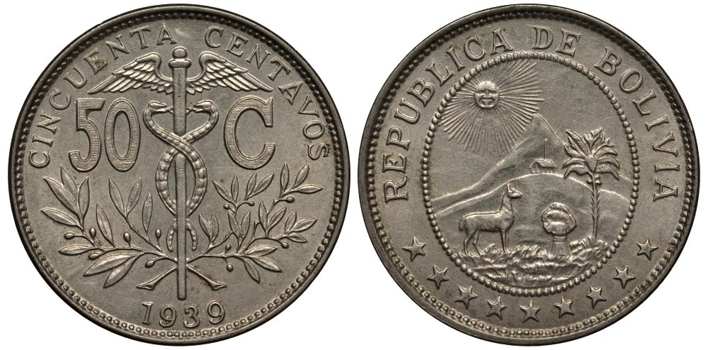 Боливия 50 сентаво 1939 кадуцей, лама, горы, солнце KM 182 медно-никель aUNC 215-1031