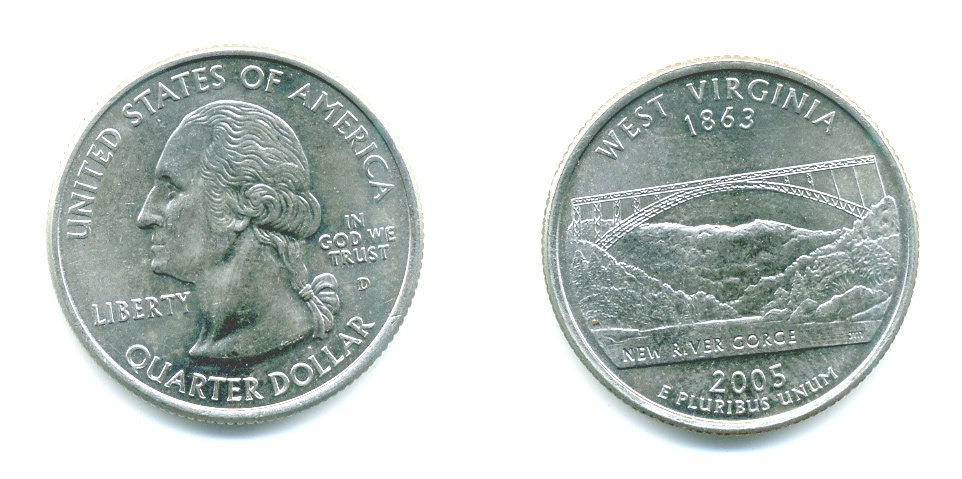 США 25 центов = квотер 2005 D, серия штаты США, Западная Вирджиния KM 374 медь плакированная медно-никелем 61-1136