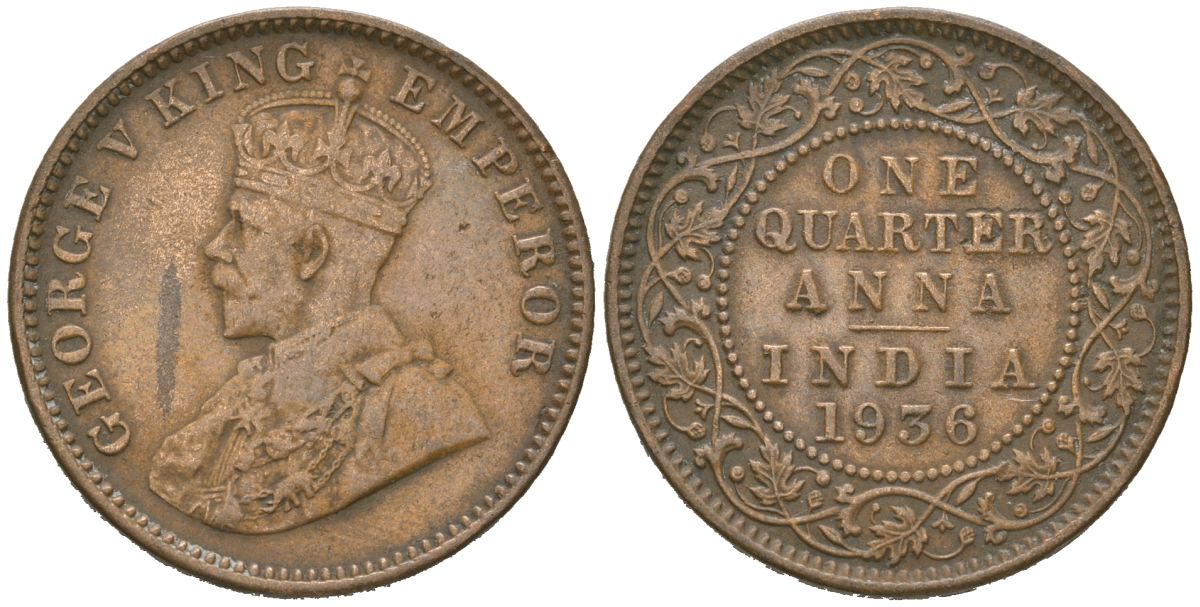 Британская Индия 1/4 анны 1936 Георг V (1910-1936) KM 512 бронза 98-521