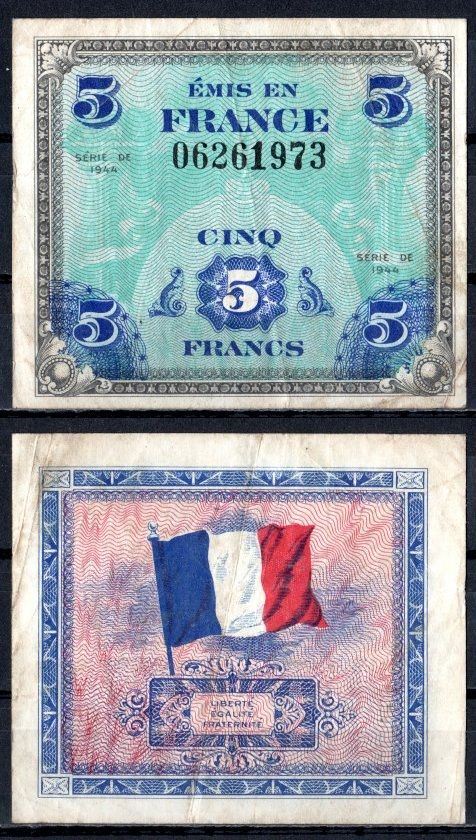 Франция 5 франков 1944 Pick 115 бумага 7183-30-2-2
