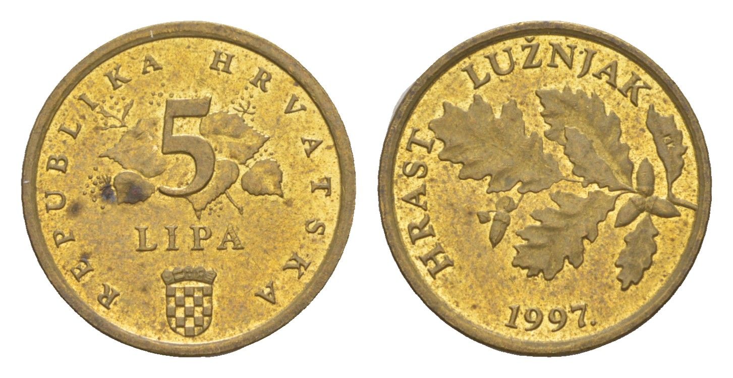 Хорватия 5 лип 1997 дуб, нечетный год KM 5 сталь плакированная латунью aUNC 3334-1221