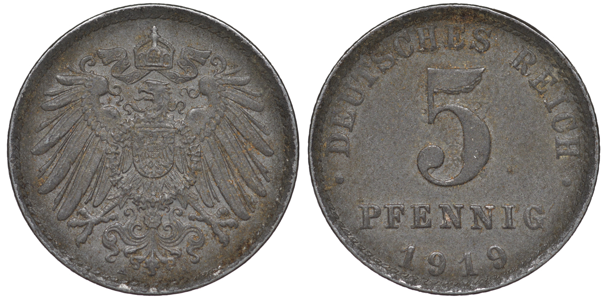 ГЕРМАНИЯ 5 ПФЕННИГОВ 1919 A KM 19, J. 297 железо 45-1161