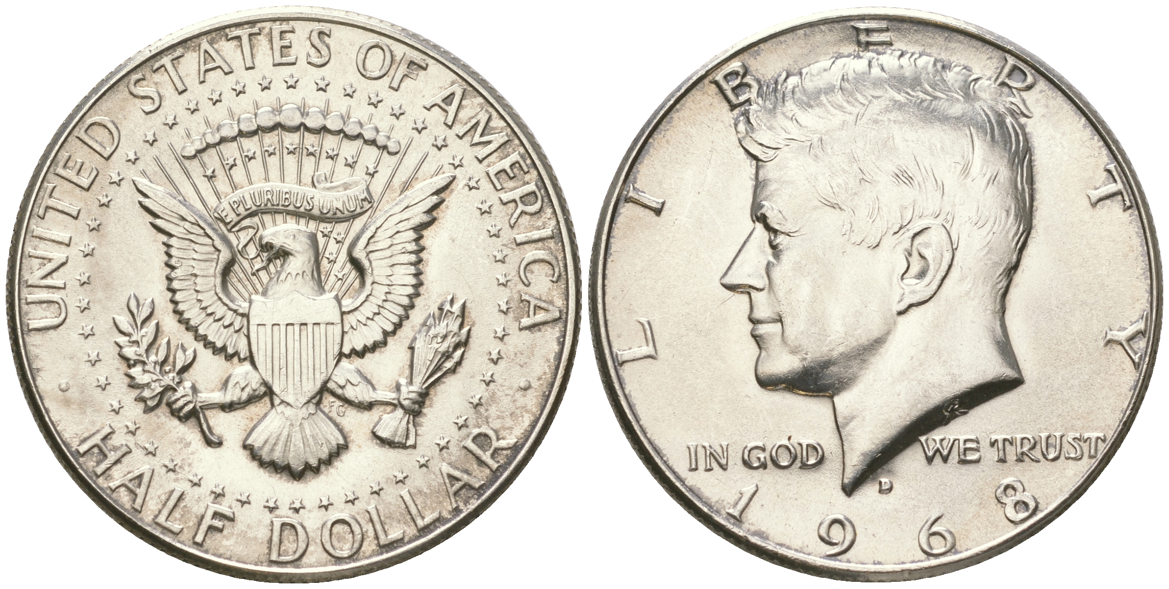 США 1/2 доллара (50 центов) 1968 D, Джон Кеннеди KM 202a серебро  UNC  4178-1042