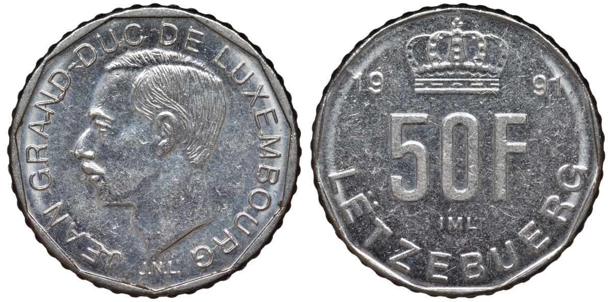 Люксембург 50 франков 1991 Герцог Жан (1964-1999) KM 66 никель 4143-134