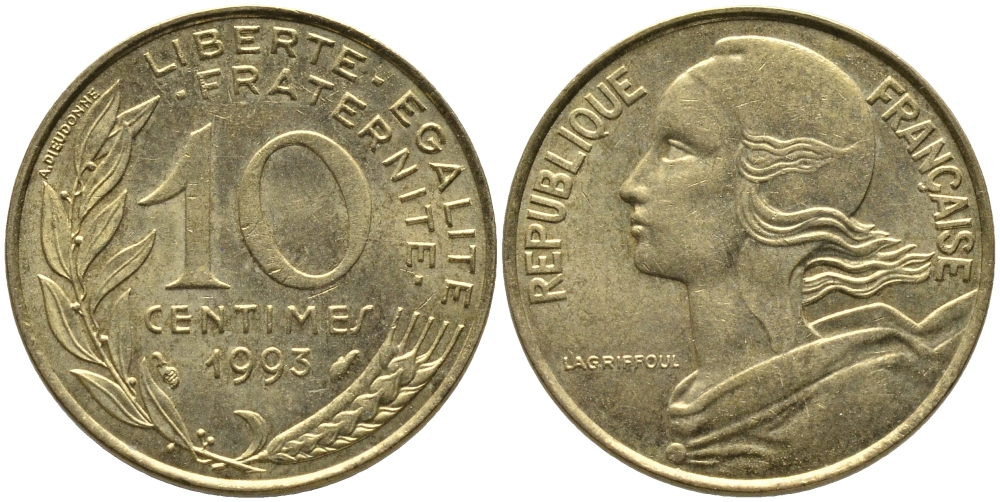 ФРАНЦИЯ 10 САНТИМОВ 1993 ТИП MARIANNE KM 929, LE FRANC 144.35 медь алюминий никель 99-1134