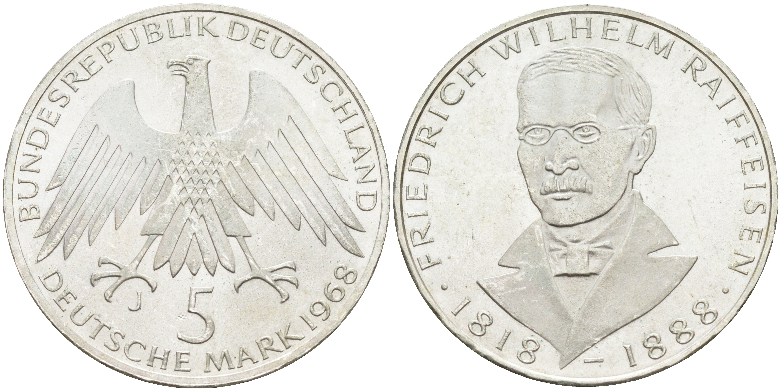 ФРГ 5 марок 1968 J, 150 лет со дня рождения Фридриха Вильгельма Райффайзена J. 396, KM 121 серебро 4117-233