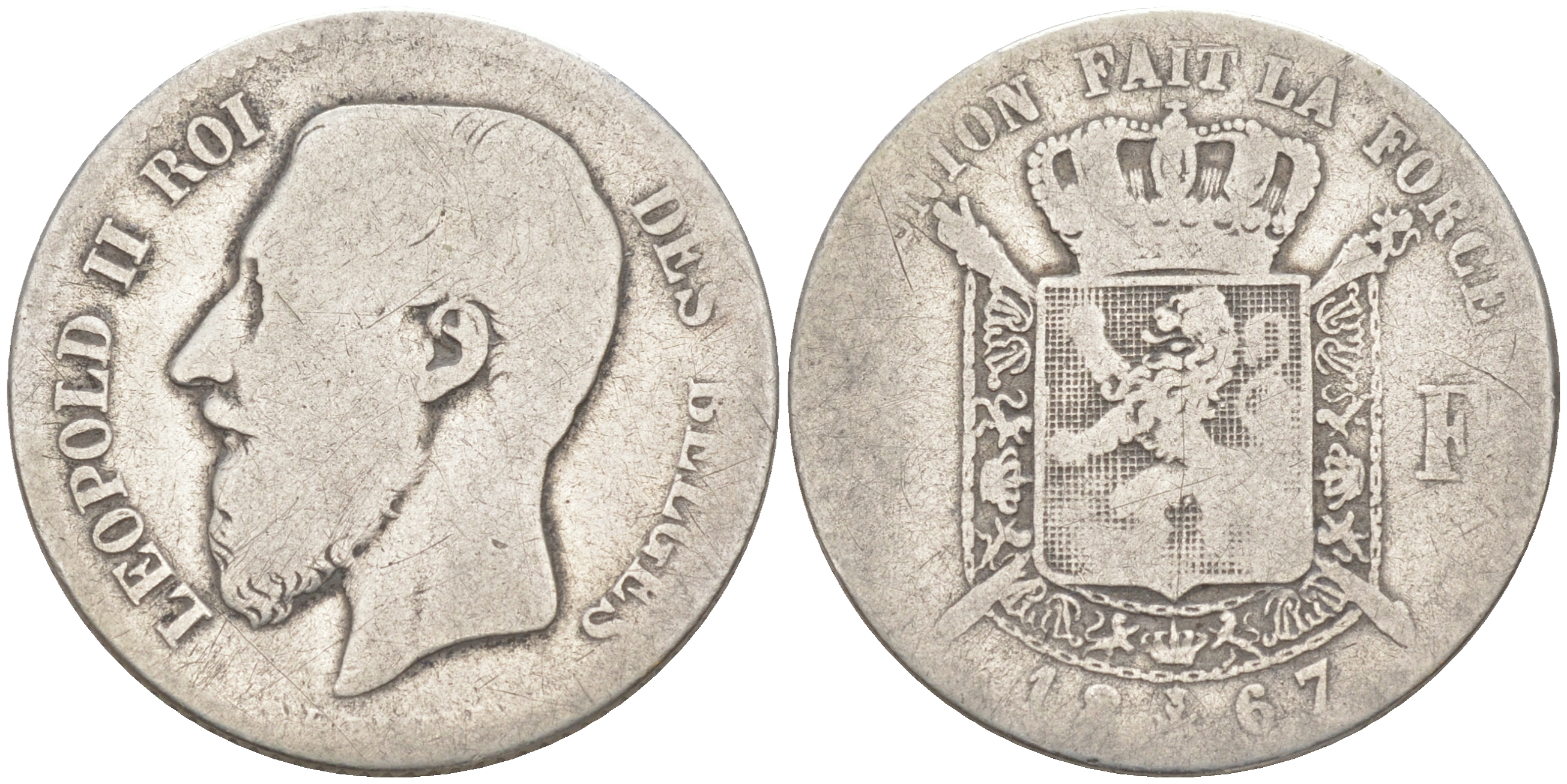 БЕЛЬГИЯ 1 ФРАНК 1867 ЛЕОПОЛЬД II (1865-1909), BELGES KM 28.1 серебро 106-424