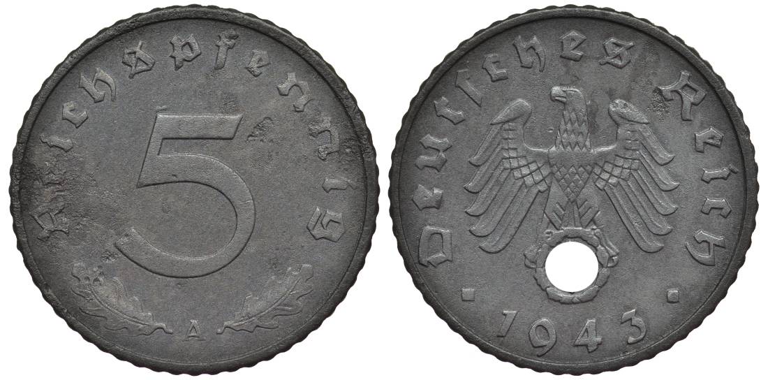 ГЕРМАНИЯ 5 РЕЙХСПФЕННИГОВ 1943 A KM 100, Jager 370 цинк 4547-724