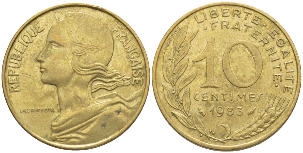 ФРАНЦИЯ 10 САНТИМОВ 1983 ТИП MARIANNE KM 929, LE FRANC 144.23 медь алюминий никель 116-129