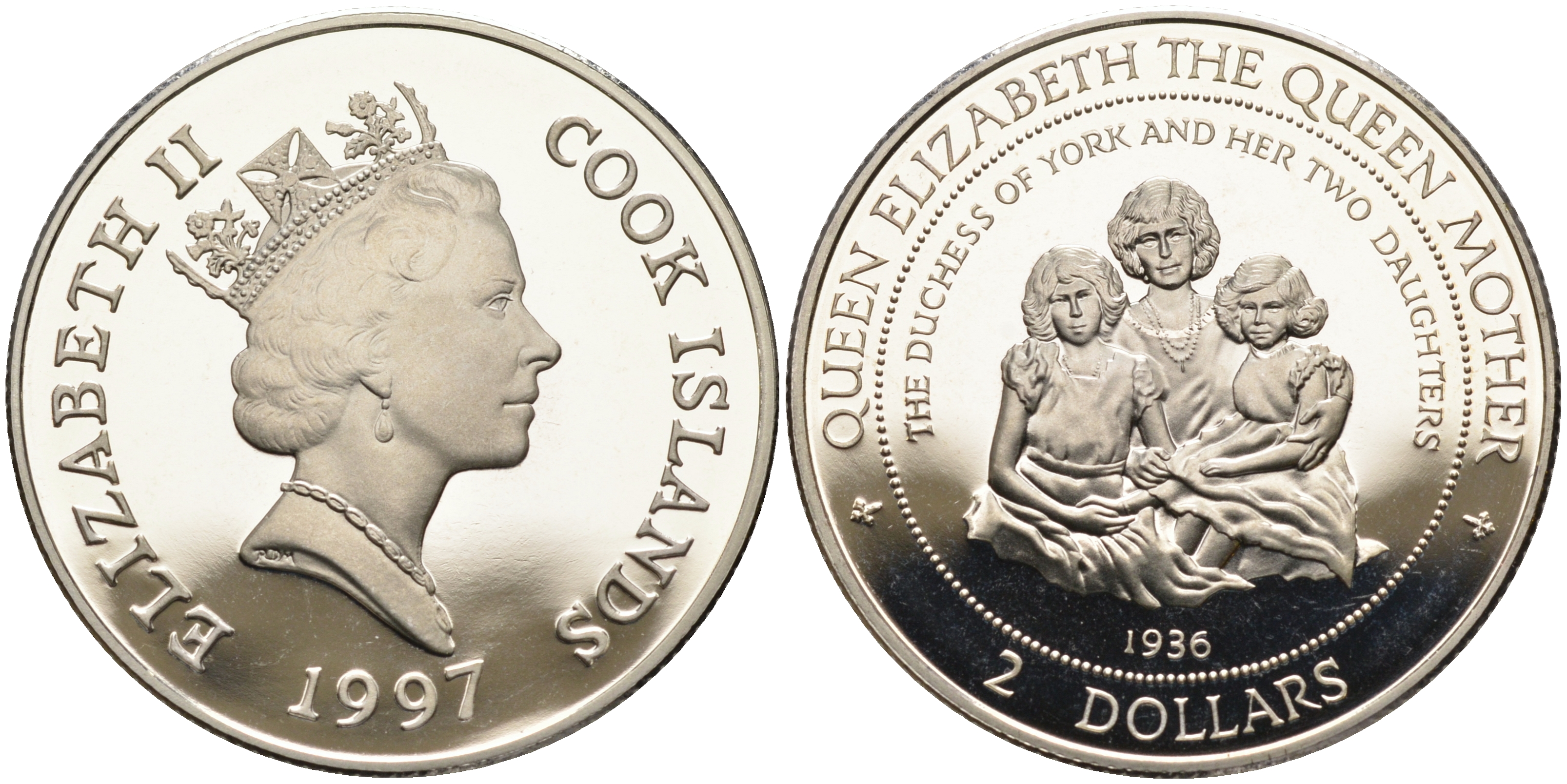 Острова Кука 2 доллара 1997 Королева Елизавета (королева-мать), с дочерями KM 376 серебро PROOF 11-070-11