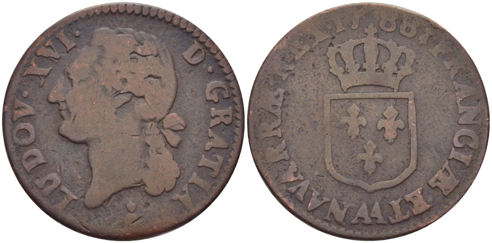 ФРАНЦИЯ 1/2 СОЛЯ 1788 ЛЮДОВИК XVI KM 586 медь 28-624