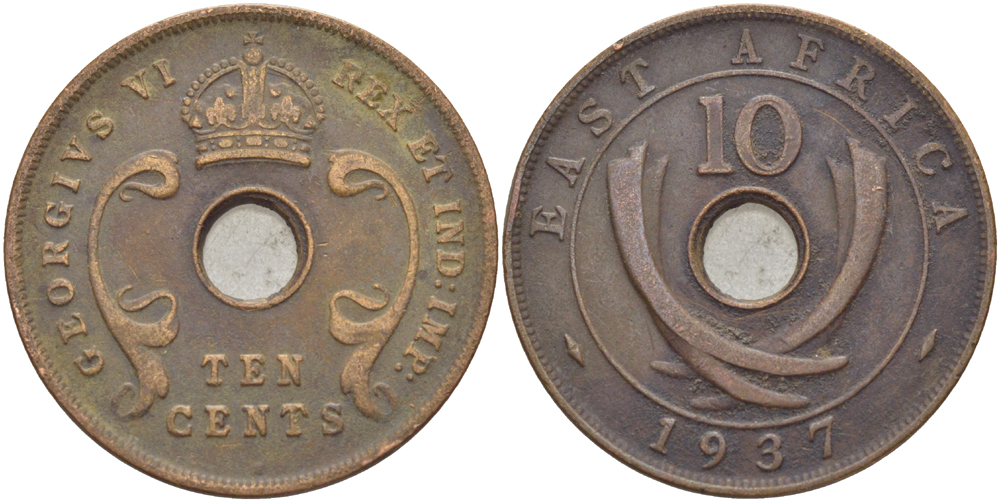 Британская Восточная Африка 10 центов 1937 H, Георг VI (1936-1952) KM 26.1 бронза 3333-1134