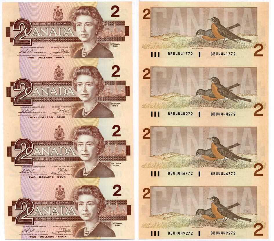 Канада 2 доллара, неразрезанный лист из 4 бон 1986 Елизавета II, здание Парламента, подпись Thiessen-Crow бумага аUNC 5547-20-1