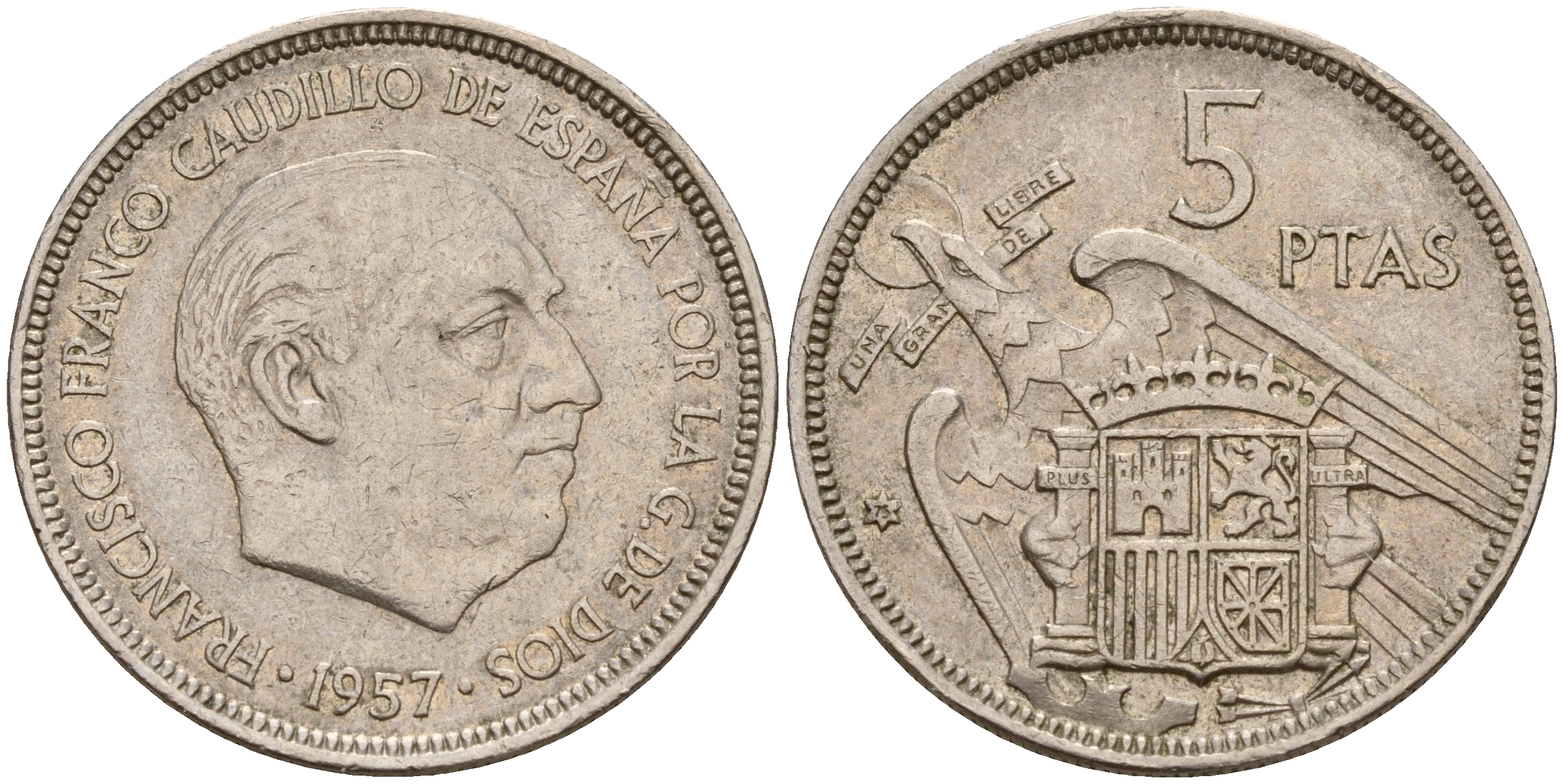 Испания 5 песет 1957 (75) Франциско Франко (1939-1975) KM 786 медно-никель    4601-1022