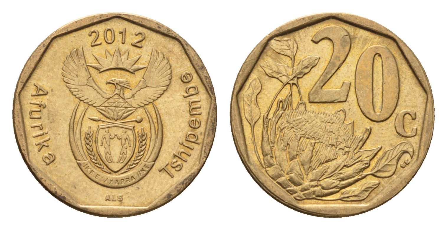 ЮАР 20 центов 2012 герб, цветок протея KM 466 сталь плакированная бронзой UNC 4687-649