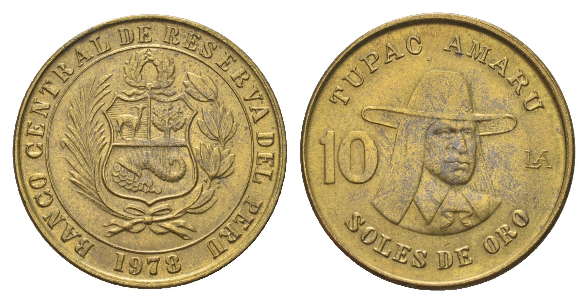 Перу 10 солей 1978 Тупак Амару II KM 272 латунь UNC 4678-146