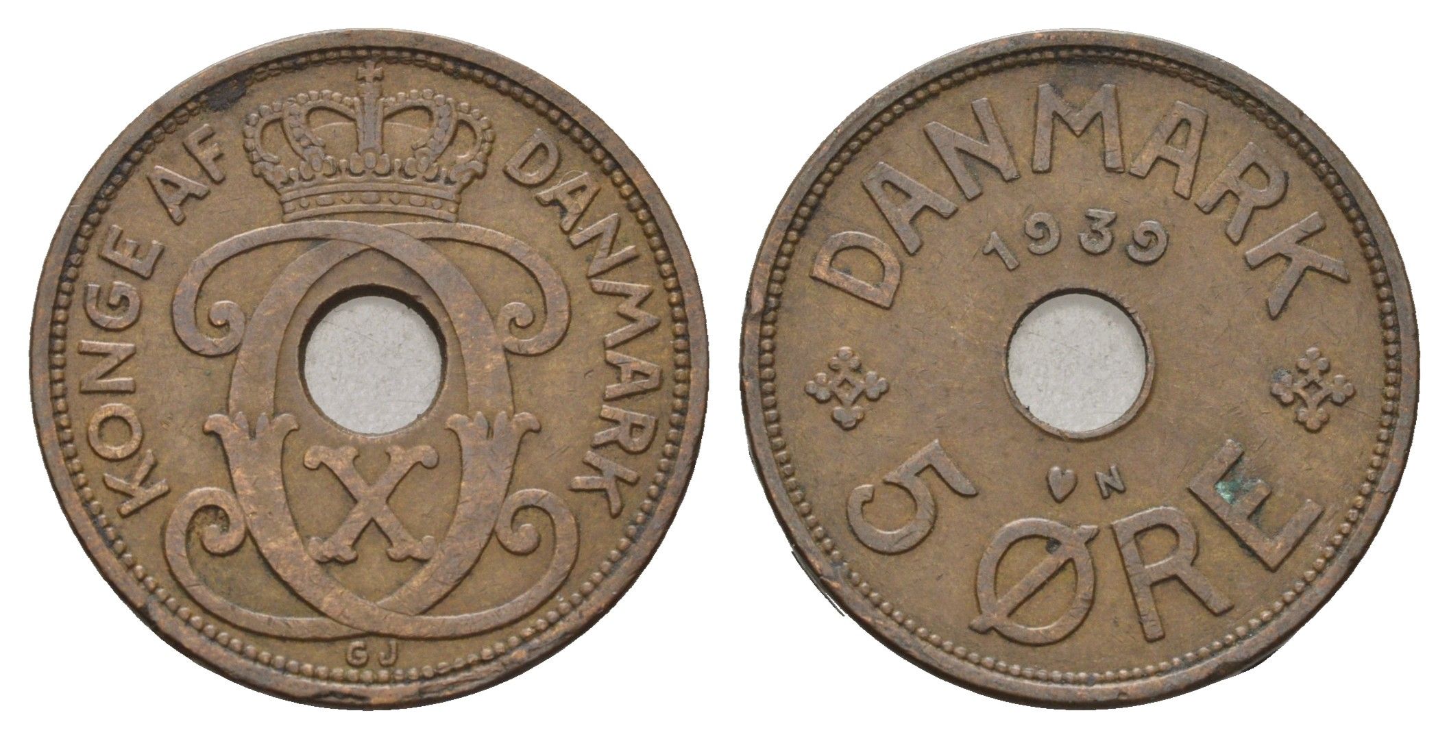 Дания 5 эре 1939 N, Кристиан X (1912-1947) KM 828 бронза 4700-847
