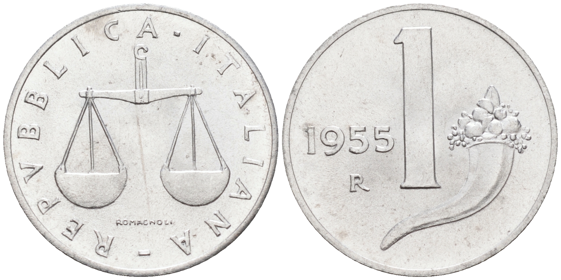 Италия 1 лира 1955 R, весы KM 91 алюминий  UNC  4594-719