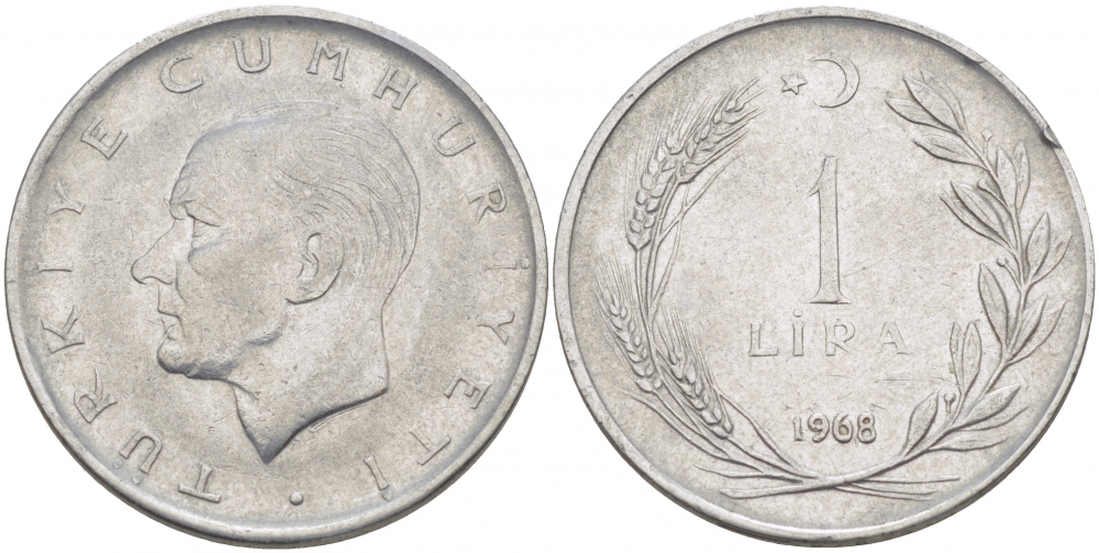 Турция 1 лира 1968 Мустафа Кемаль Ататюрк KM 889а.2 нержавеющая сталь 4529-1242