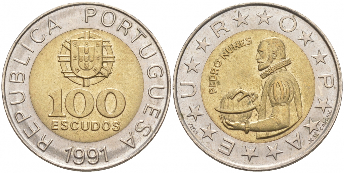 Португалия 100 эскудо 1991 Педру Нуниш (1502-1578), математик KM 645.1 биметалл UNC 73-335