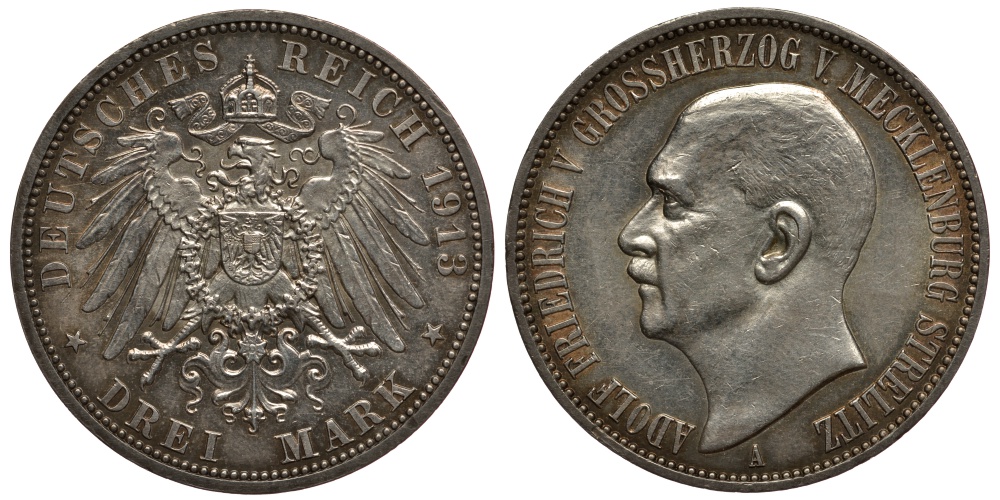 Мекленбург-Стрелиц 3 марки 1913 Адольф Фридрих V Мекленбургский (1904-1914) J. 92, KM 120 серебро aUNC 10-010-79