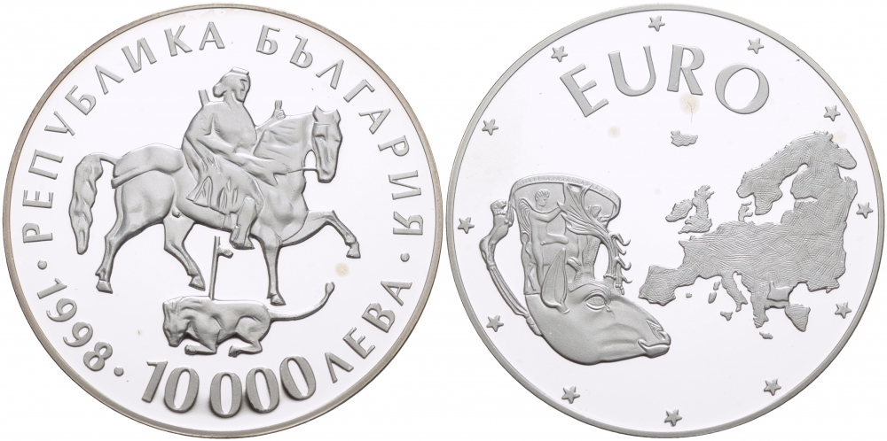 Болгария 10000 левов 1998 объединенная Европа, античная чаша KM 235 серебро PROOF 05-140-42