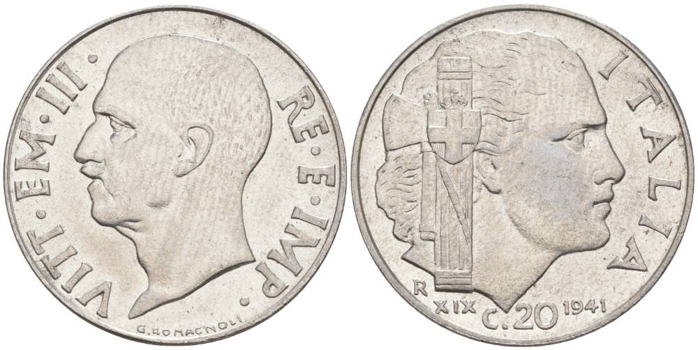 ИТАЛИЯ 20 ЧЕНТЕЗИМО 1941 R, ГОД XIX, ВИКТОР ЭММАНУИЛ III (1900-1946) KM 75b, VEM3. 1028 нержавеющая сталь 3853-1211