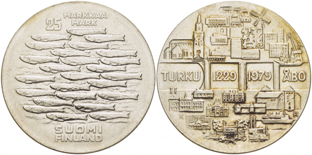 Финляндия 25 марок 1979 K-H, 750 лет городу-порту Турку KM 58 серебро UNC 1515-1145