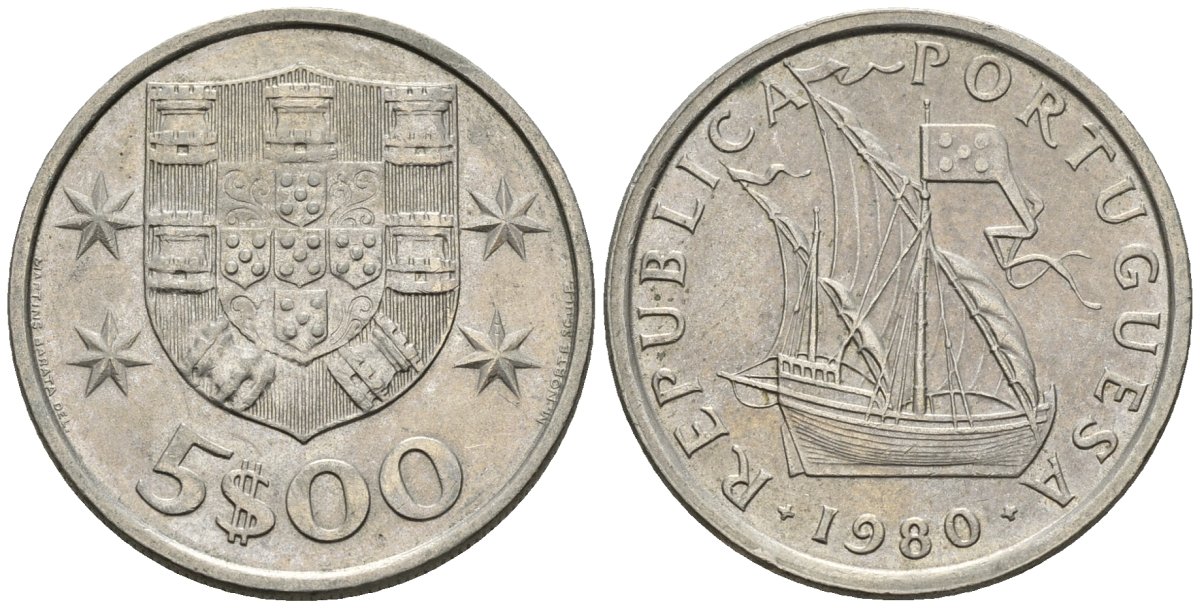 Португалия 5 эскудо 1980 парусник KM 591 медно-никель 4148-434
