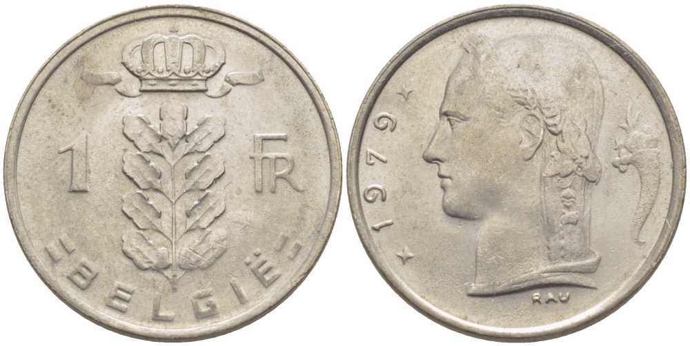 БЕЛЬГИЯ 1 ФРАНК 1979 BELGIE, БОДУЭН I (1951-1993) KM 143.1 медно-никель 119-646