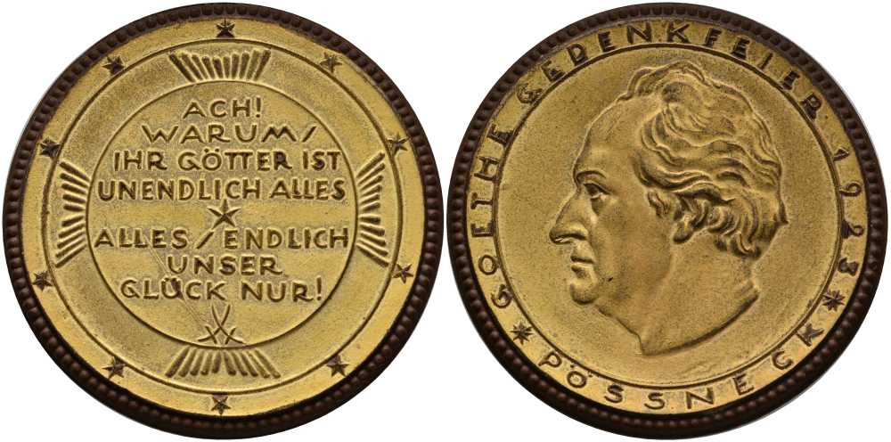 ГЕРМАНИЯ МЕДАЛЬ 1923 ГЁТЕ, ФАРФОР POSSNECK, ПОЗОЛОТА, ДИАМЕТР 51 ММ. фарфор 01-147-34